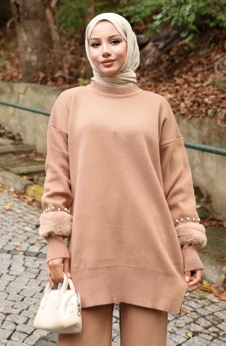 بدلة مزدوجة من بنطلون تونك بأكمام راجلان محبوكة 1054-04 لون قهوة حليبية 1054-04