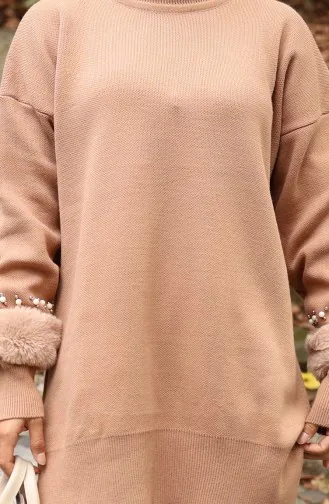 بدلة مزدوجة من بنطلون تونك بأكمام راجلان محبوكة 1054-04 لون قهوة حليبية 1054-04