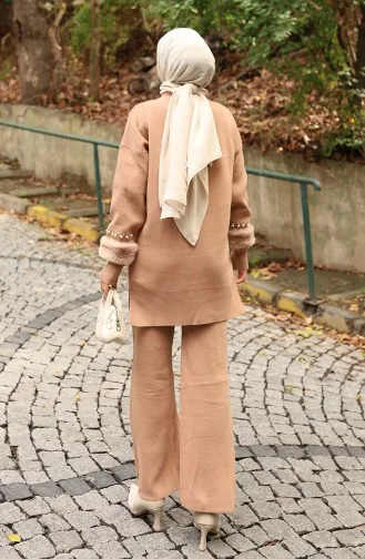 بدلة مزدوجة من بنطلون تونك بأكمام راجلان محبوكة 1054-04 لون قهوة حليبية 1054-04