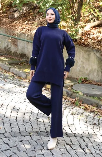 Ensemble Deux Pièces En Tricot Tunique à Manches Raglan Et Pantalon 1054-05 Bleu Marine 1054-05
