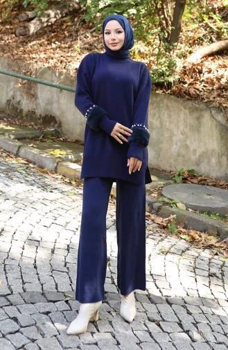 Ensemble Deux Pièces En Tricot Tunique à Manches Raglan Et Pantalon 1054-05 Bleu Marine 1054-05