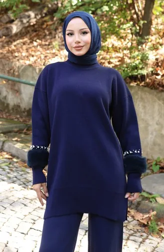Ensemble Deux Pièces En Tricot Tunique à Manches Raglan Et Pantalon 1054-05 Bleu Marine 1054-05