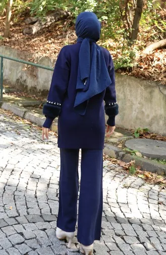 Ensemble Deux Pièces En Tricot Tunique à Manches Raglan Et Pantalon 1054-05 Bleu Marine 1054-05