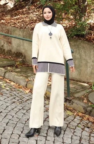 Ensemble Deux Pièces Tunique Et Pantalon à Rayures En Tricot 1066-02 Beige 1066-02