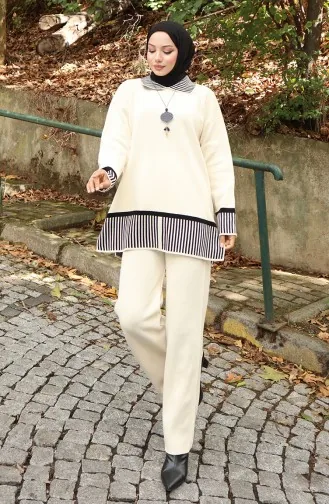 Ensemble Deux Pièces Tunique Et Pantalon à Rayures En Tricot 1066-02 Beige 1066-02