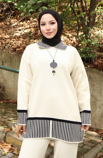 Triko Çizgi Detaylı Tunik Pantolon İkili Takım 1066-02 Bej