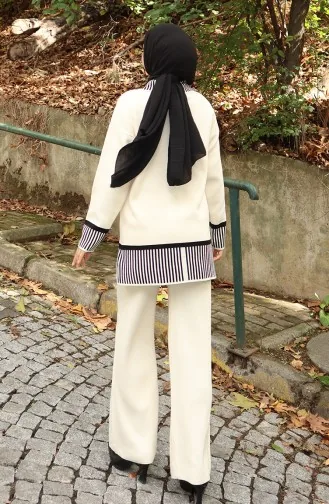 Ensemble Deux Pièces Tunique Et Pantalon à Rayures En Tricot 1066-02 Beige 1066-02