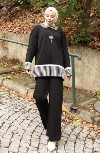 Ensemble Deux Pièces Tunique Et Pantalon à Rayures En Tricot 1066-03 Noir 1066-03