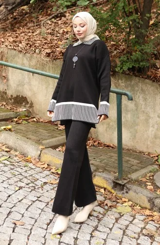 Ensemble Deux Pièces Tunique Et Pantalon à Rayures En Tricot 1066-03 Noir 1066-03