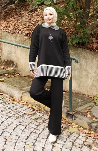 Ensemble Deux Pièces Tunique Et Pantalon à Rayures En Tricot 1066-03 Noir 1066-03
