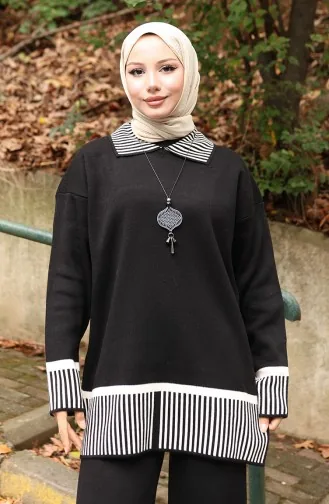 Ensemble Deux Pièces Tunique Et Pantalon à Rayures En Tricot 1066-03 Noir 1066-03