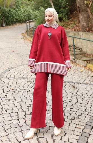 Gebreide Streep Gedetailleerde Tuniek Broek Tweedelig Pak 1066-04 Bordeauxrood 1066-04