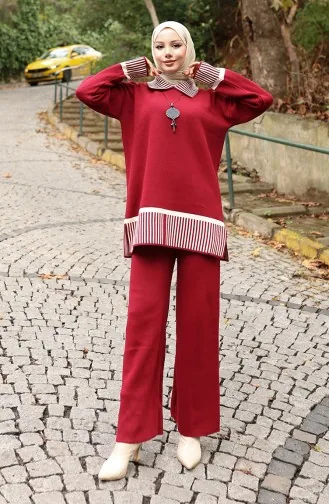 Knitwear Stripe Detailed Tunic Trousers Two Piece Suit 1066-04 Claret Red 1066-04