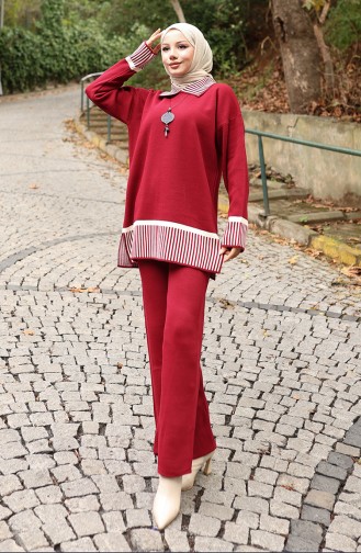 Gebreide Streep Gedetailleerde Tuniek Broek Tweedelig Pak 1066-04 Bordeauxrood 1066-04