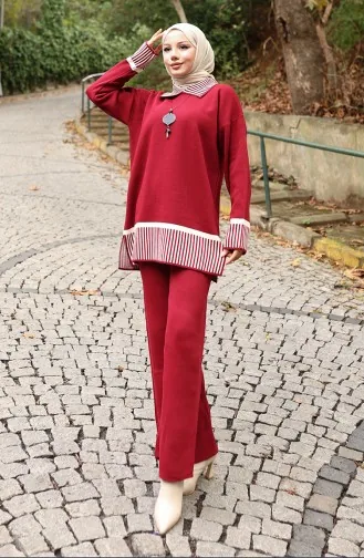 Knitwear Stripe Detailed Tunic Trousers Two Piece Suit 1066-04 Claret Red 1066-04