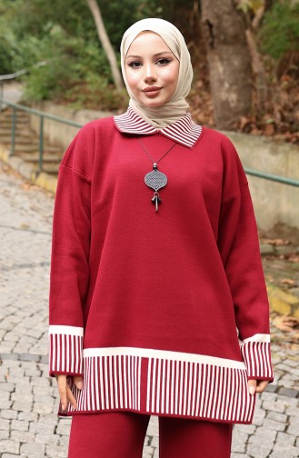 Gebreide Streep Gedetailleerde Tuniek Broek Tweedelig Pak 1066-04 Bordeauxrood 1066-04