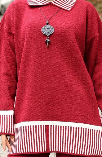 Gebreide Streep Gedetailleerde Tuniek Broek Tweedelig Pak 1066-04 Bordeauxrood 1066-04