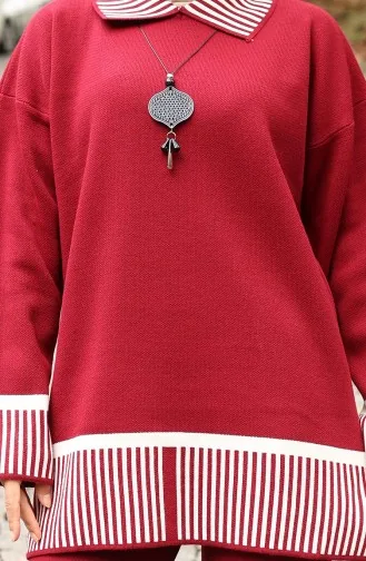 Knitwear Stripe Detailed Tunic Trousers Two Piece Suit 1066-04 Claret Red 1066-04
