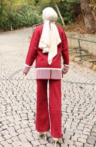 Gebreide Streep Gedetailleerde Tuniek Broek Tweedelig Pak 1066-04 Bordeauxrood 1066-04