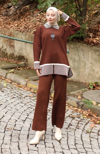Gebreide Streep Gedetailleerde Tuniek Broek Tweedelig Pak 1066-05 Bruin 1066-05