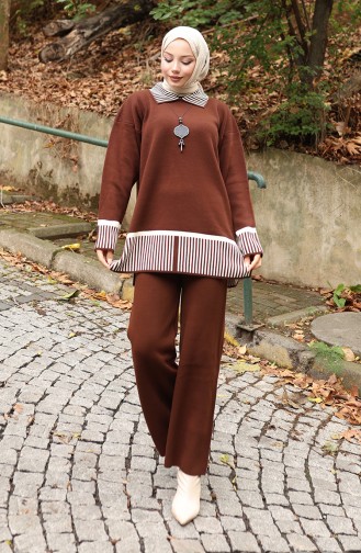 Gebreide Streep Gedetailleerde Tuniek Broek Tweedelig Pak 1066-05 Bruin 1066-05