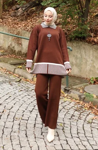 Strickmode Streifen Detail Tunika Hose Zweiteiler 1066-05 Braun 1066-05