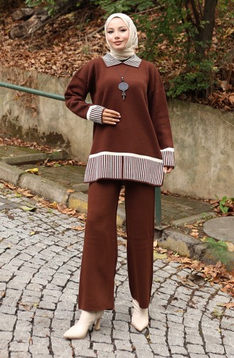 Gebreide Streep Gedetailleerde Tuniek Broek Tweedelig Pak 1066-05 Bruin 1066-05