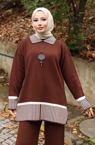 Gebreide Streep Gedetailleerde Tuniek Broek Tweedelig Pak 1066-05 Bruin 1066-05