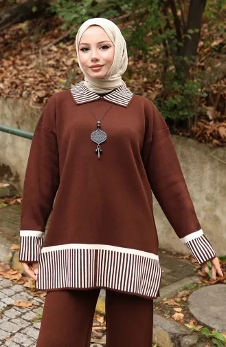 Strickmode Streifen Detail Tunika Hose Zweiteiler 1066-05 Braun 1066-05