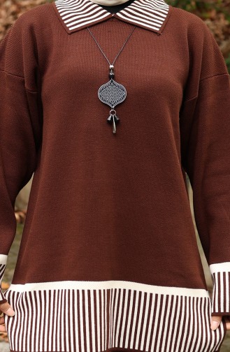 Gebreide Streep Gedetailleerde Tuniek Broek Tweedelig Pak 1066-05 Bruin 1066-05