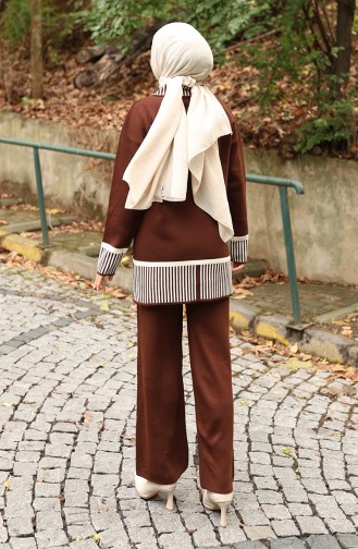 Gebreide Streep Gedetailleerde Tuniek Broek Tweedelig Pak 1066-05 Bruin 1066-05