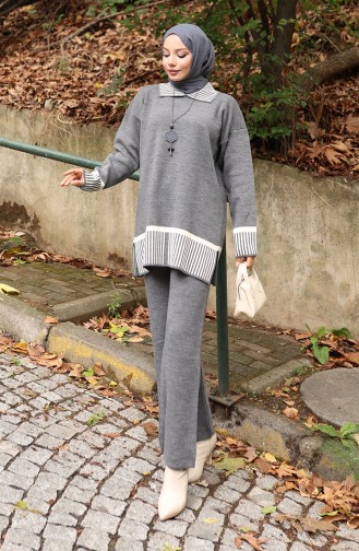 Gebreide Streep Gedetailleerde Tuniek Broek Tweedelig Pak 1066-06 Grijs 1066-06