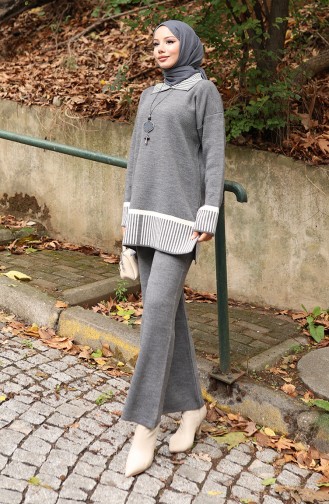 Gebreide Streep Gedetailleerde Tuniek Broek Tweedelig Pak 1066-06 Grijs 1066-06