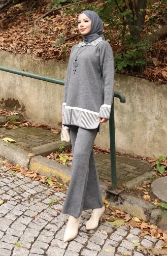 Triko Çizgi Detaylı Tunik Pantolon İkili Takım 1066-06 Gri
