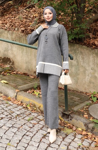 Gebreide Streep Gedetailleerde Tuniek Broek Tweedelig Pak 1066-06 Grijs 1066-06