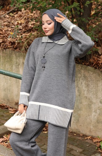 Gebreide Streep Gedetailleerde Tuniek Broek Tweedelig Pak 1066-06 Grijs 1066-06