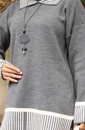 Gebreide Streep Gedetailleerde Tuniek Broek Tweedelig Pak 1066-06 Grijs 1066-06