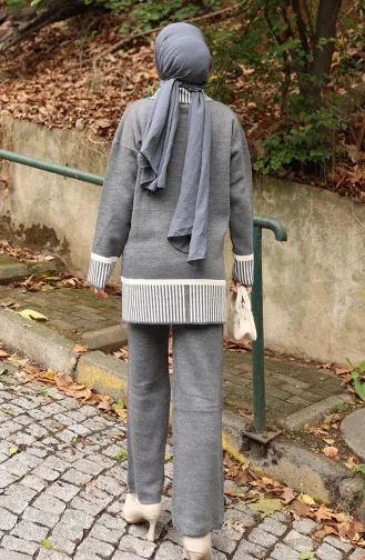 Triko Çizgi Detaylı Tunik Pantolon İkili Takım 1066-06 Gri