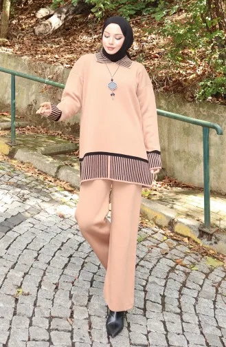 Strickmode Streifen Detail Tunika Hose Zweiteiler Anzug 1066-07 Milchkaffee 1066-07