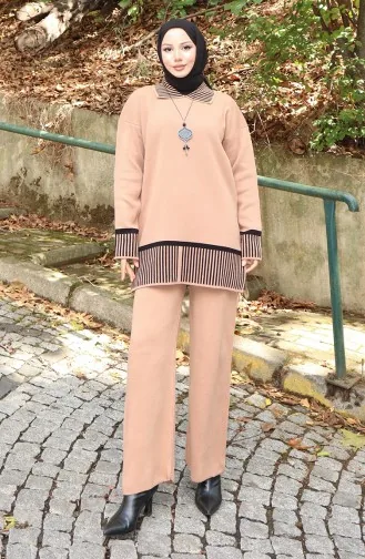 Strickmode Streifen Detail Tunika Hose Zweiteiler Anzug 1066-07 Milchkaffee 1066-07