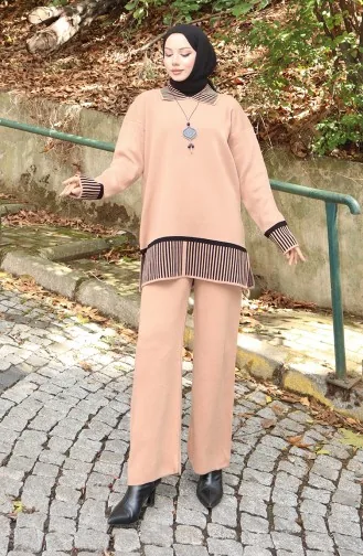 Strickmode Streifen Detail Tunika Hose Zweiteiler Anzug 1066-07 Milchkaffee 1066-07