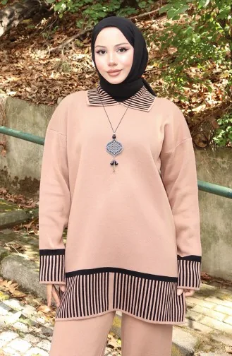 Strickmode Streifen Detail Tunika Hose Zweiteiler Anzug 1066-07 Milchkaffee 1066-07