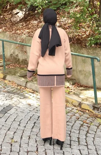 Strickmode Streifen Detail Tunika Hose Zweiteiler Anzug 1066-07 Milchkaffee 1066-07