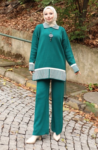 Gebreide Streep Gedetailleerde Tuniek Broek Tweedelig Set 1066-08 Petrol 1066-08