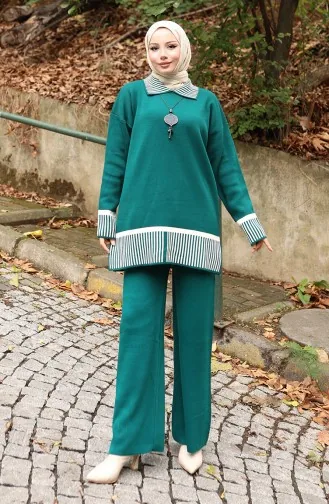 Triko Çizgi Detaylı Tunik Pantolon İkili Takım 1066-08 Petrol