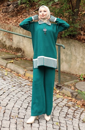 Gebreide Streep Gedetailleerde Tuniek Broek Tweedelig Set 1066-08 Petrol 1066-08