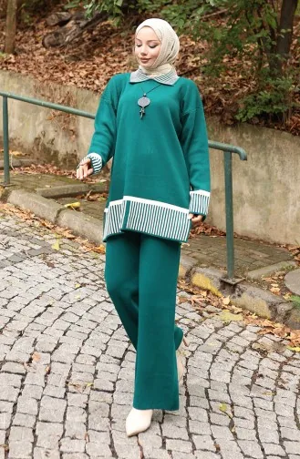 Triko Çizgi Detaylı Tunik Pantolon İkili Takım 1066-08 Petrol