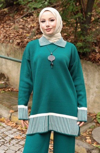 Gebreide Streep Gedetailleerde Tuniek Broek Tweedelig Set 1066-08 Petrol 1066-08