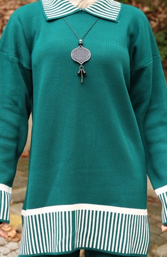 Gebreide Streep Gedetailleerde Tuniek Broek Tweedelig Set 1066-08 Petrol 1066-08