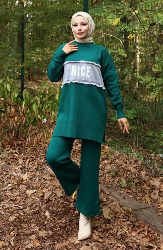 Knitwear Denim Garnished Tunic Trousers Two Piece Set 1094-01 Petrol 1094-01